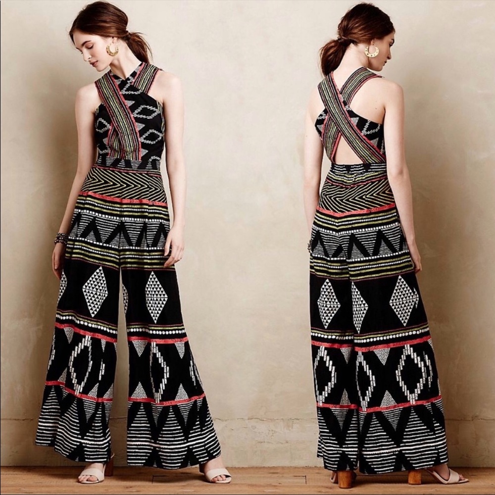 Anthro Amapa Jumpsuit Elevenses Black Tribal Print Cross Front Halter Wide Leg 8